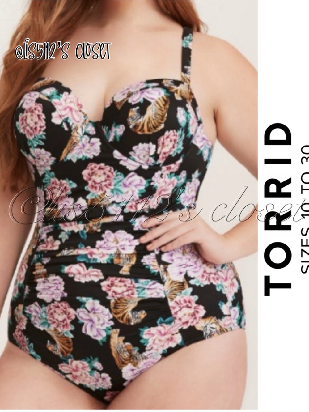 Torrid Black Tiger Floral Strappy Lattice Back Underwire Swimsuit 3X 22 24